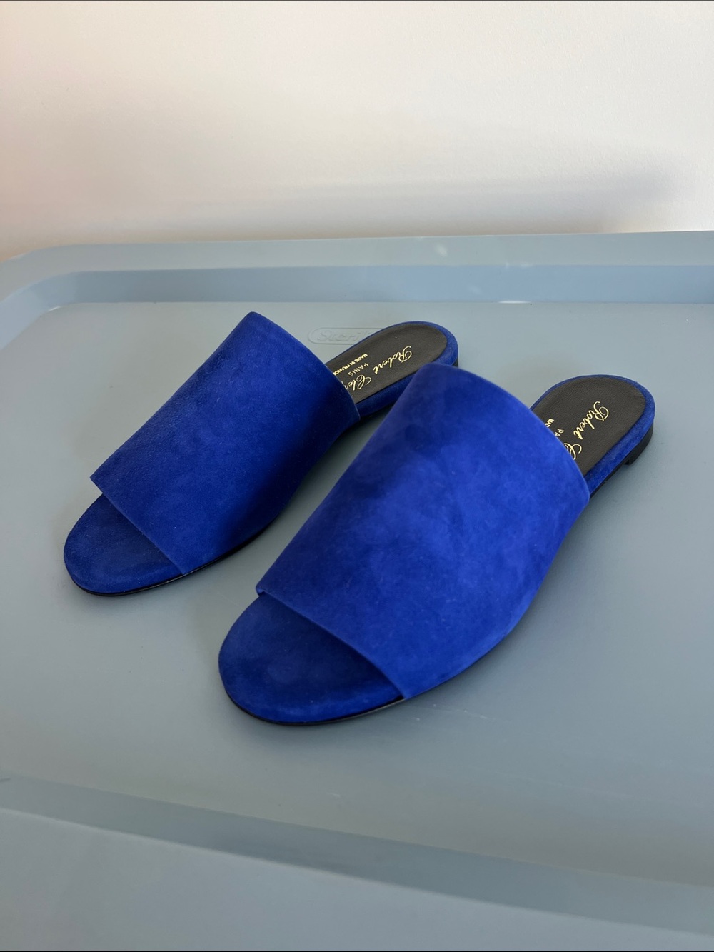 Robert Clergerie cobalt blue suede open toe flat sandals slides gigy klein 36.5